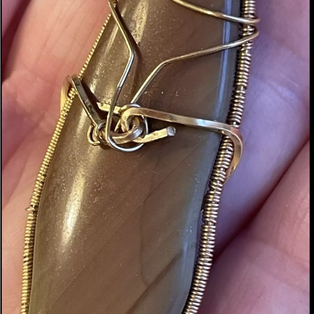 Natural Agate Stone Pendant In Gold Filled Wire 3” Long 1" Wide